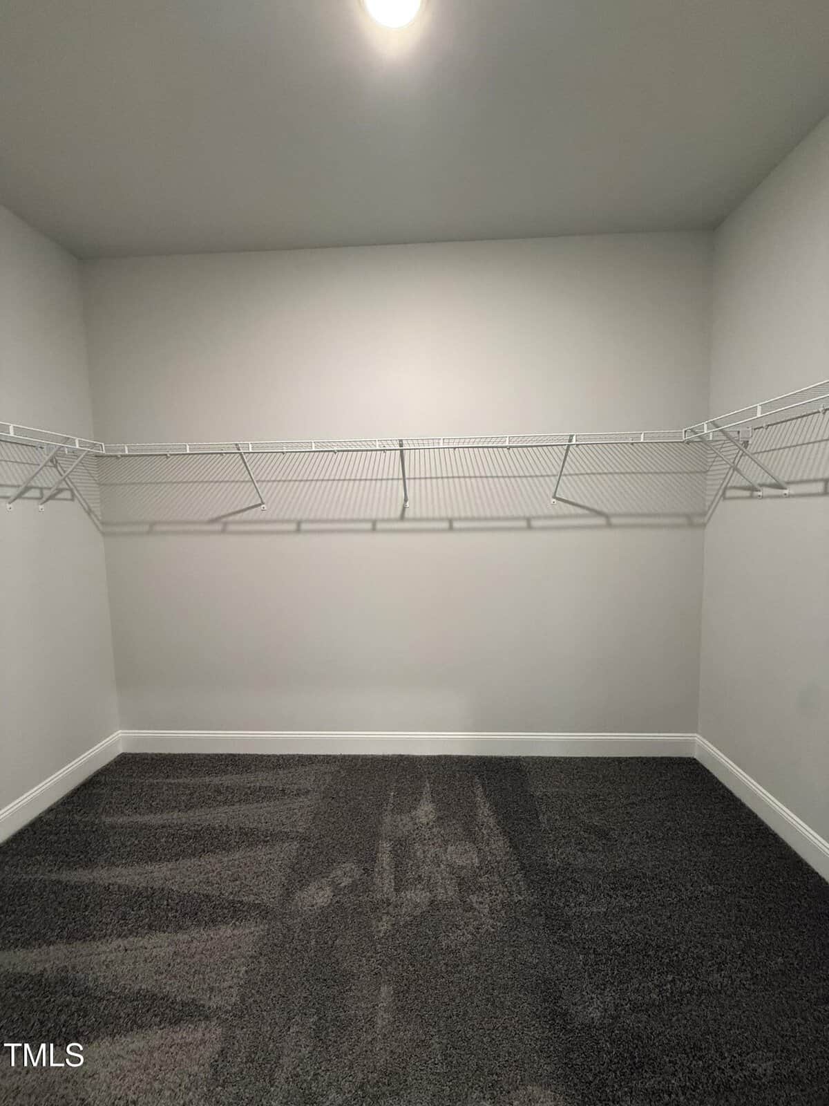 Empty walk-in closet with gray carpet, white walls, a ceiling light, and white wire shelving along two walls. The space is clean and well-lit.