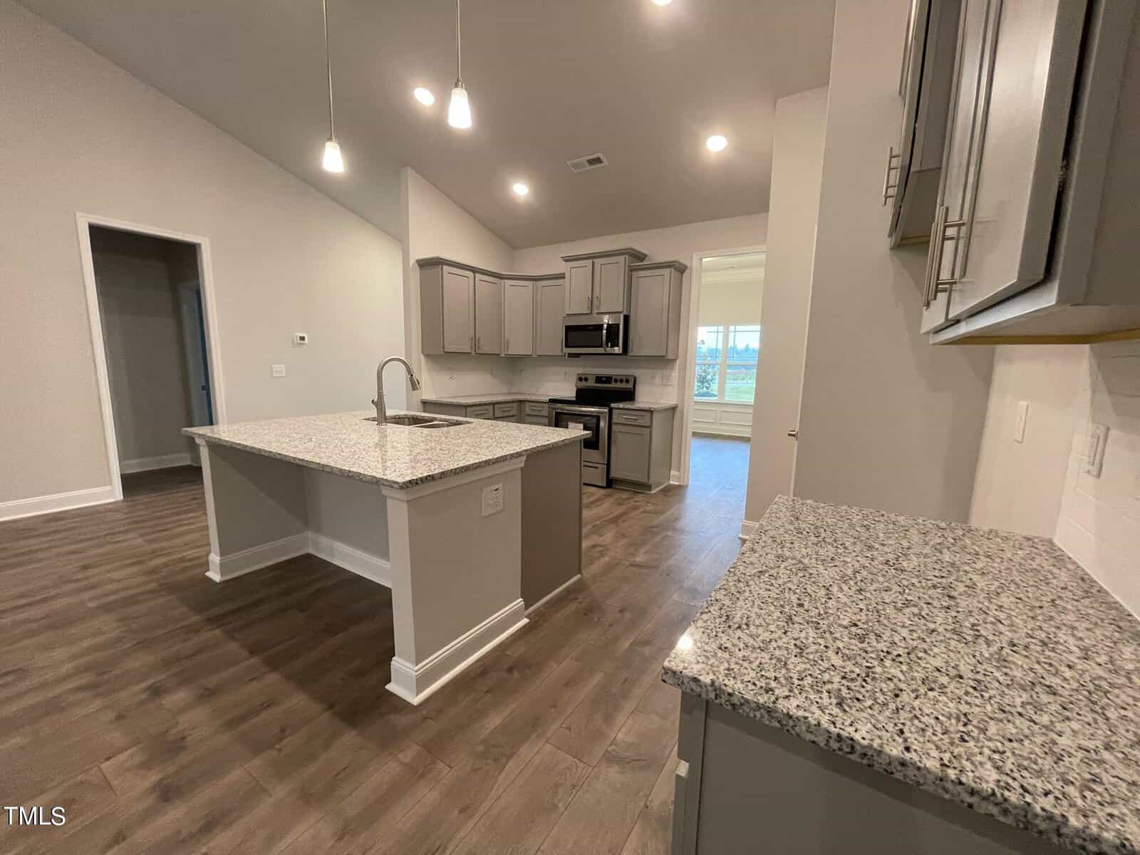 Modern kitchen with gray cabinets, granite countertops, a large island with a sink, stainless steel appliances, wood-look flooring, and pendant lighting. An open doorway leads to another room in the background.