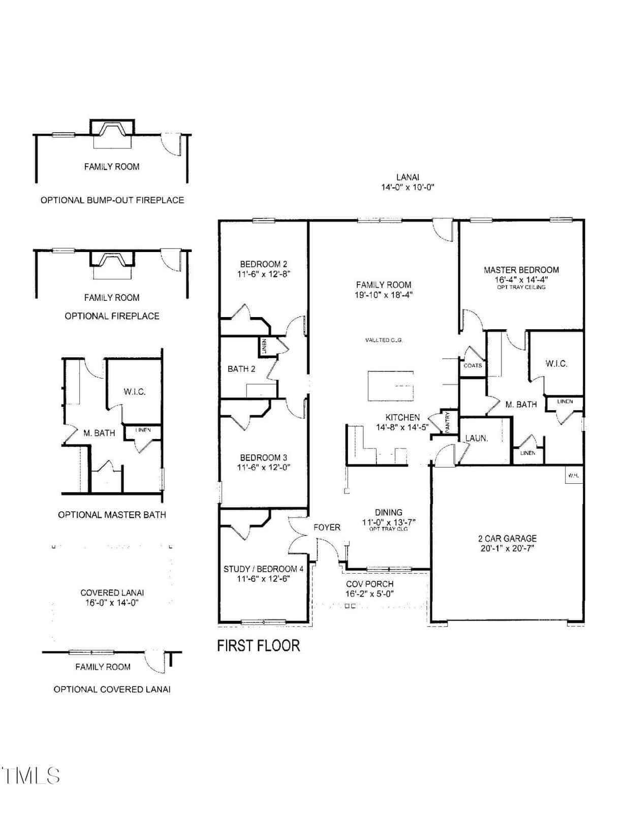 Black and white floor plan of a single-story house showing four bedrooms, dining, kitchen, family room, two-car garage, baths, foyer, lanais, covered porches, walk-in closet, and optional features like fireplaces.