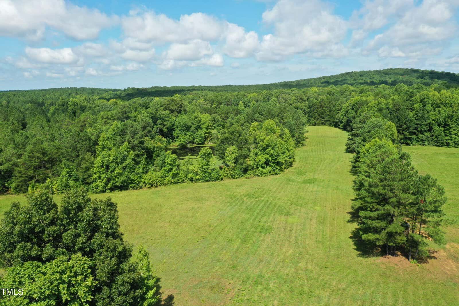 An aerial view of a lush green landscape showcases open grassy fields and dense forests under a partly cloudy blue sky. Rolling hills stretch toward the horizon, reminiscent of 0 Range Road, creating a peaceful rural scene that feels hidden from the world.