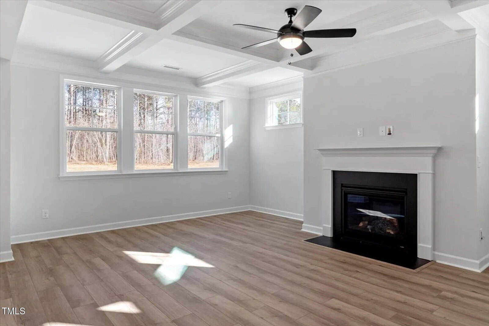 Bright living room with large windows, light wood floors, white walls, coffered ceiling, black ceiling fan, and a black fireplace. Sunlight streams in, highlighting the spacious and modern design.