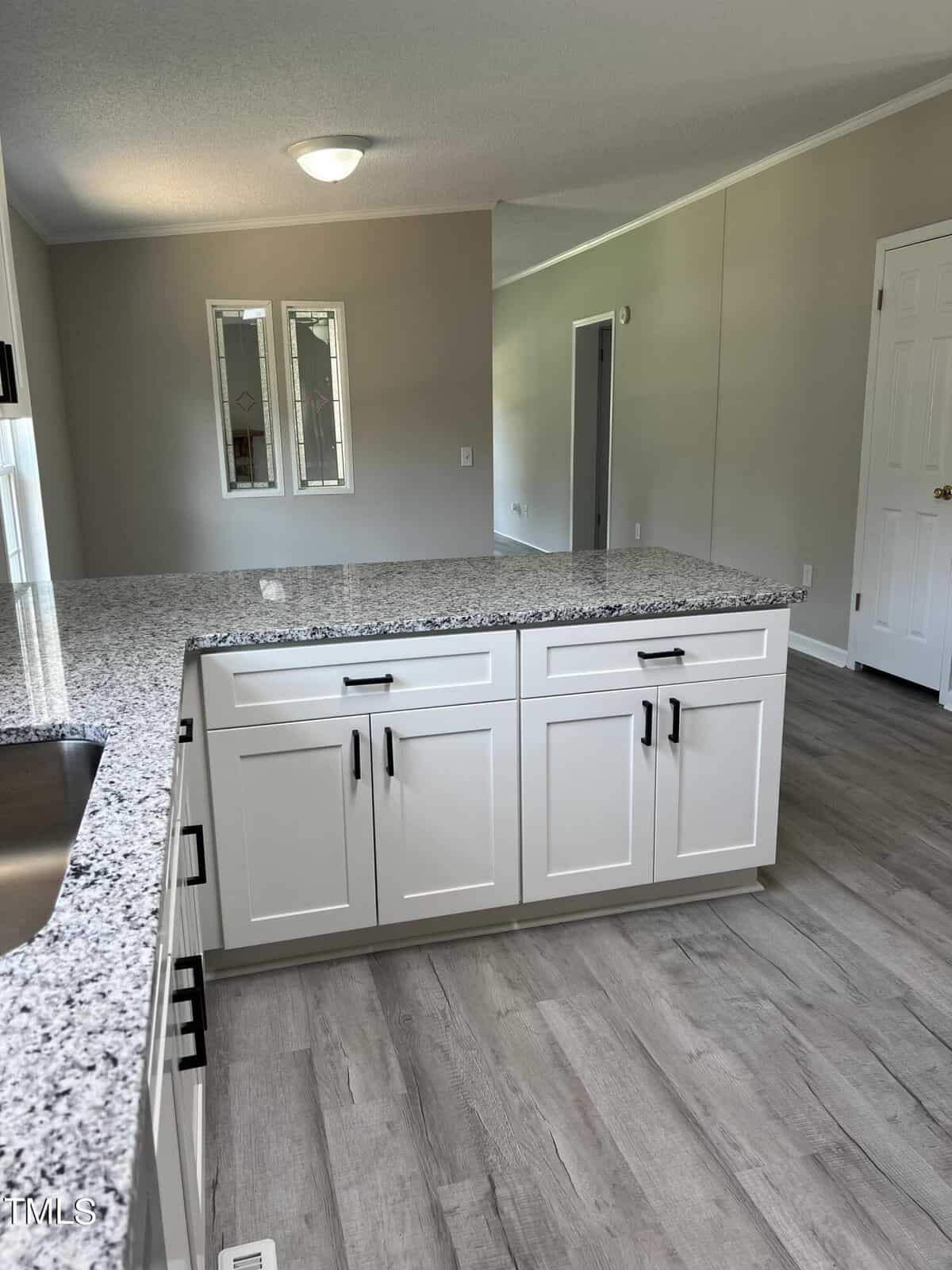 Modern kitchen with white cabinets, granite countertops, and light gray wood flooring. A window and a closed white door are visible in the background, with neutral-colored walls throughout.