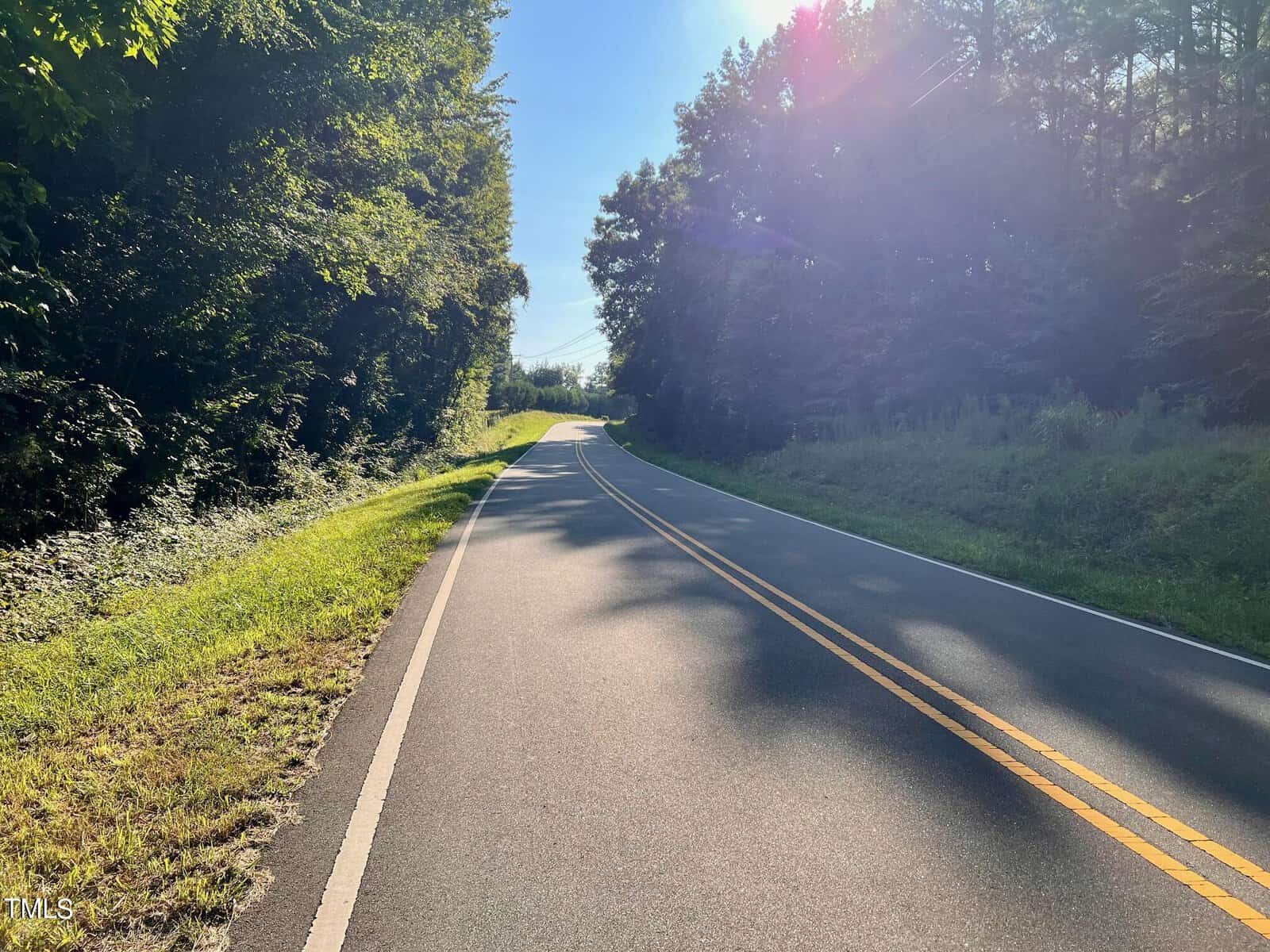 A sunlit, winding road surrounded by dense green trees on both sides. The sky is clear, and sunlight filters through the leaves, casting shadows on the asphalt. The road is empty, creating a serene and peaceful atmosphere.