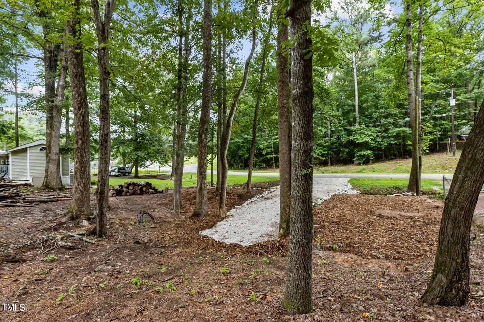 A wooded yard with tall trees, a gravel driveway, and mulch on the ground. A stack of firewood and a house are visible to the left, with a road and more trees in the background.