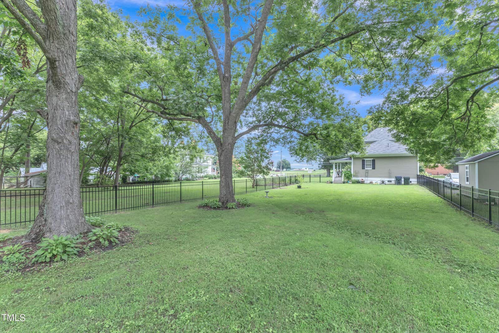 A lush green backyard with a large tree provides shade over the grass. A black metal fence runs along the property line. A light gray house with a small porch is visible on the right side, under a clear blue sky.