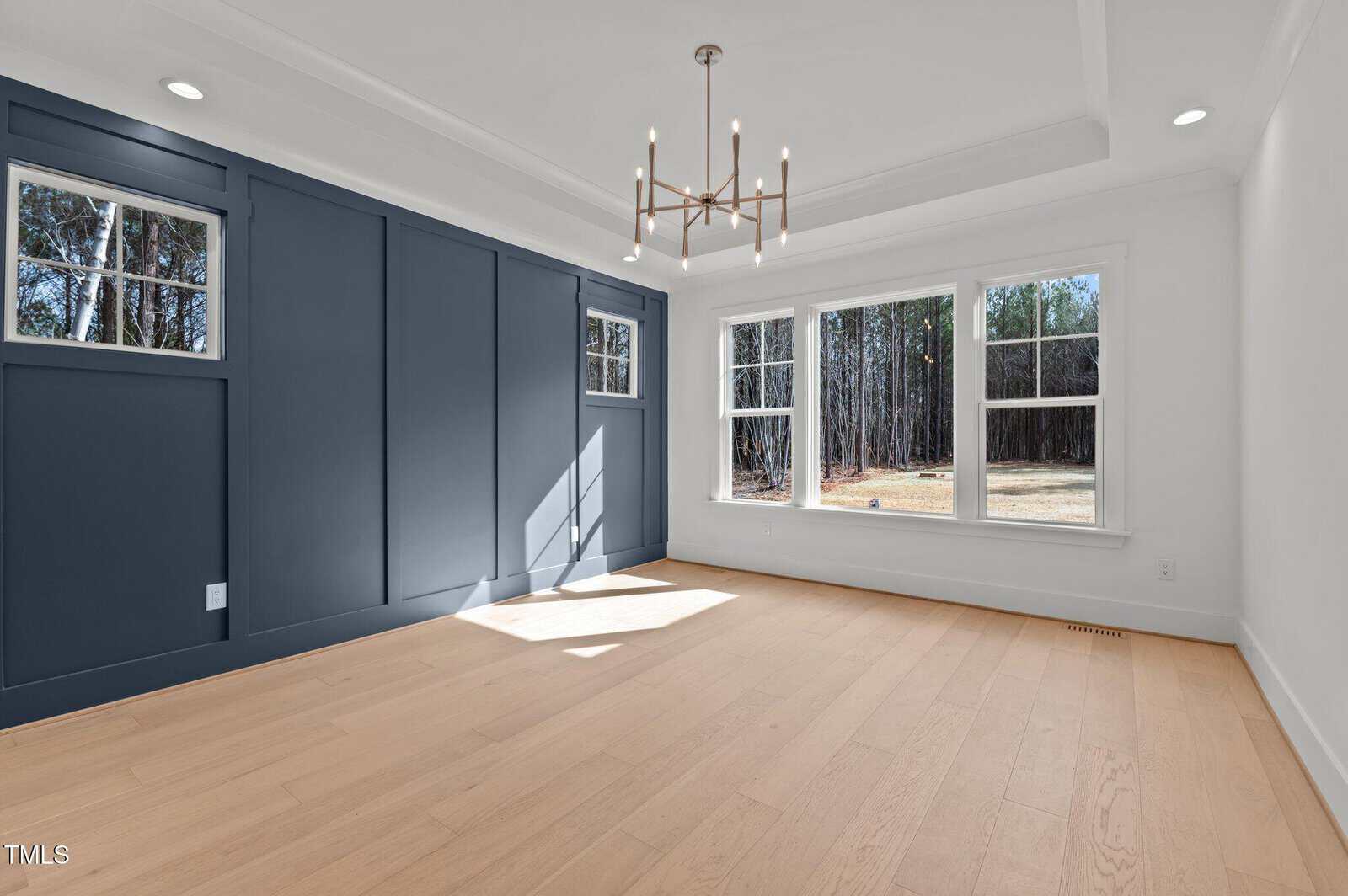 Bright, empty room with large windows, light wood floors, white walls, and a navy blue paneled accent wall. Modern chandelier hangs from the ceiling. Forest view outside.