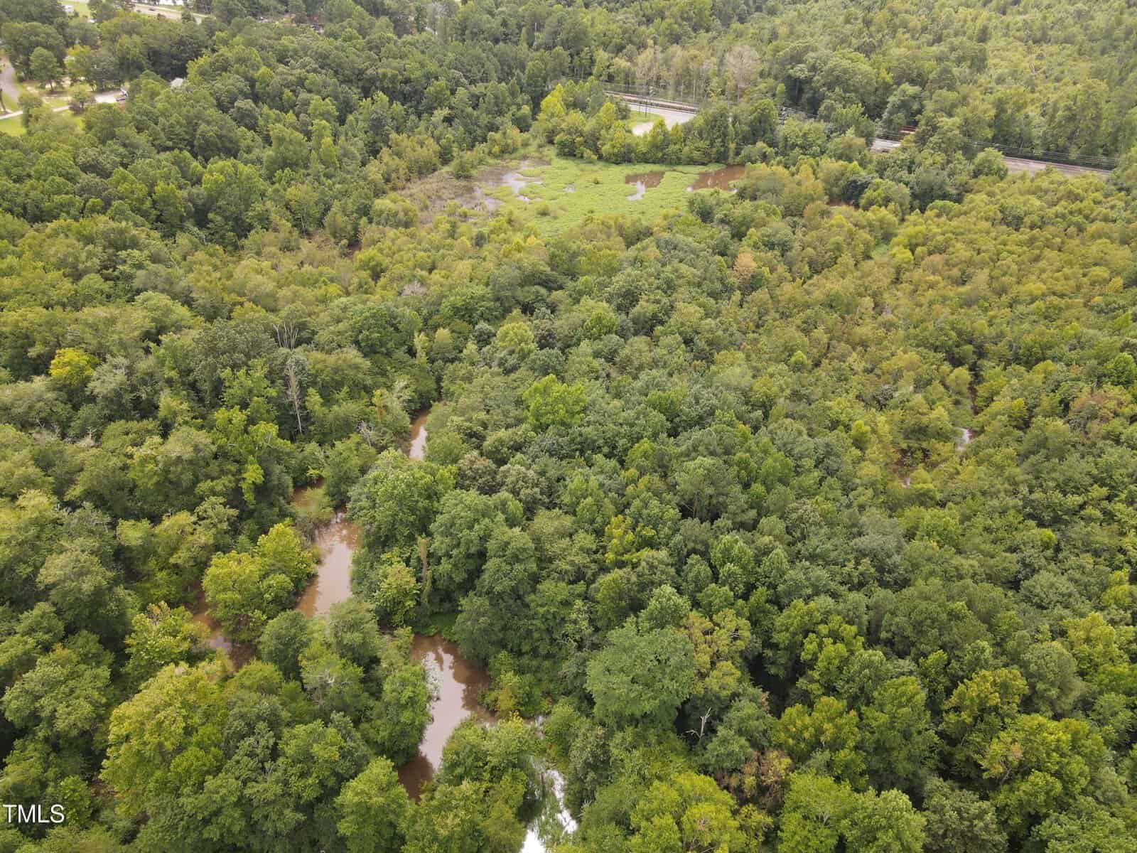 Aerial view of a densely forested area with a winding, narrow river running through it. The landscape is lush and green, surrounded by hills and a few open spaces, with a road visible in the upper part of the image.