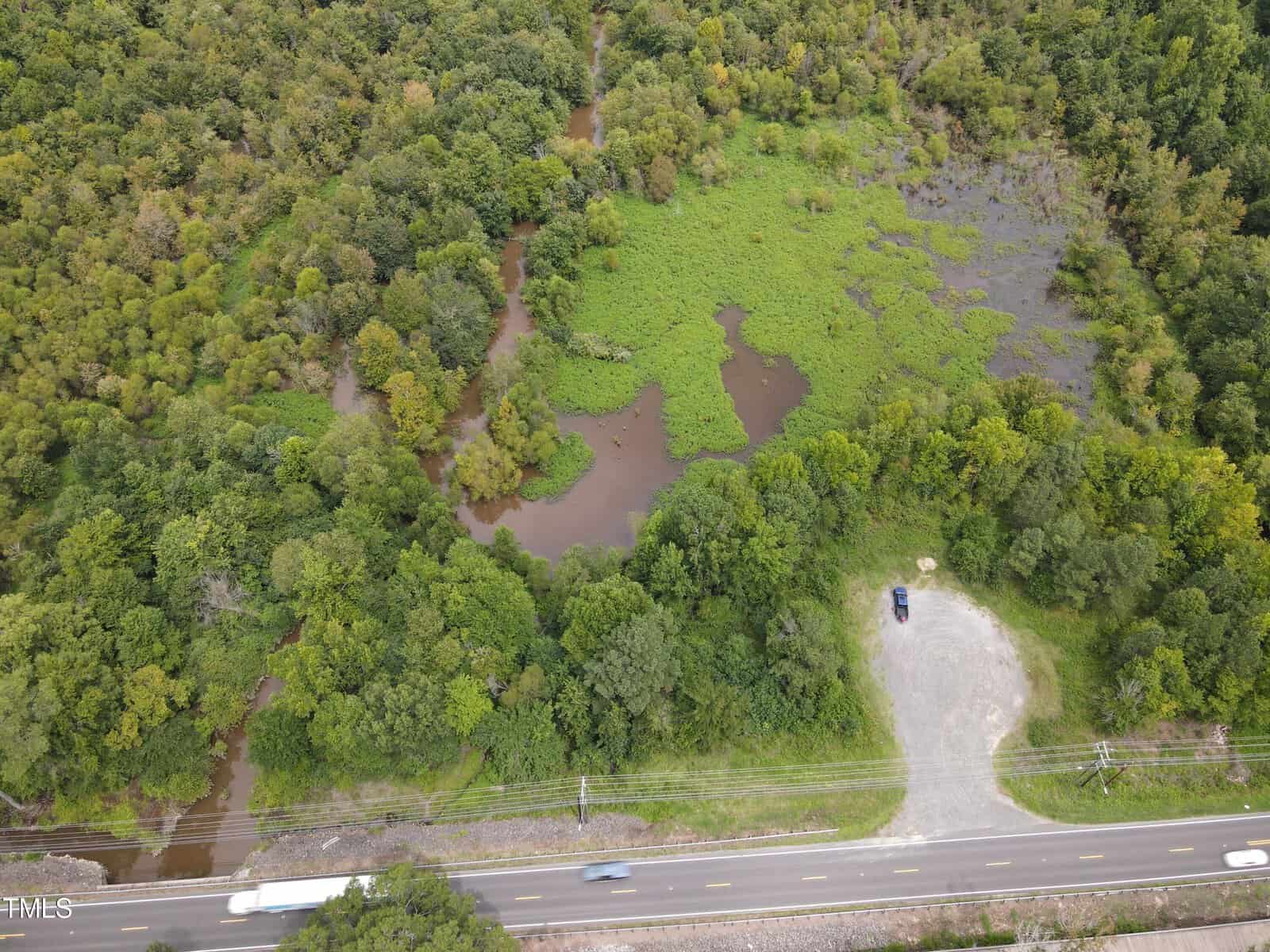 An aerial view of a lush green forest with a small lake in the center. A road runs horizontally at the bottom, with a parked car on a gravel area beside it. A bus is traveling along the road, surrounded by dense trees.