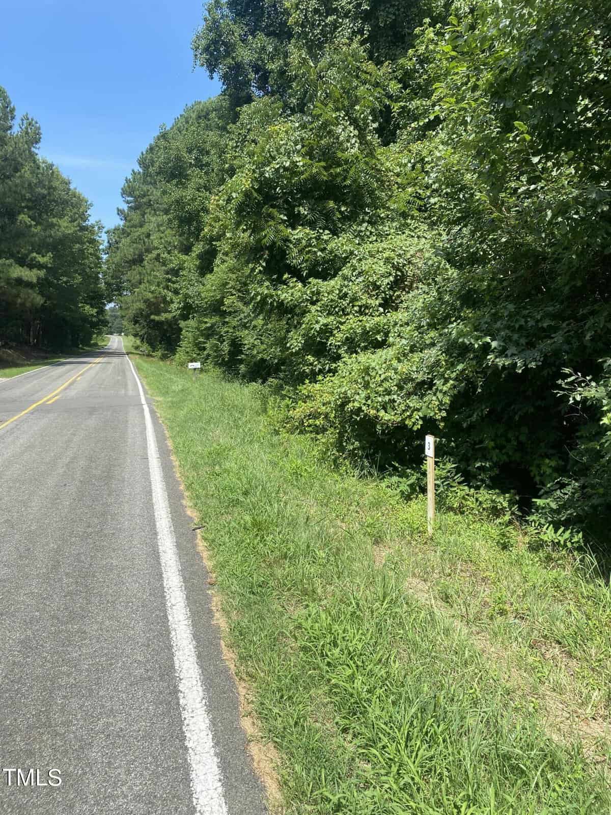A rural road lined with lush green trees and grass under a clear blue sky. A small wooden stake with a number is visible on the right side of the road. The road extends into the distance, disappearing into the tree line.