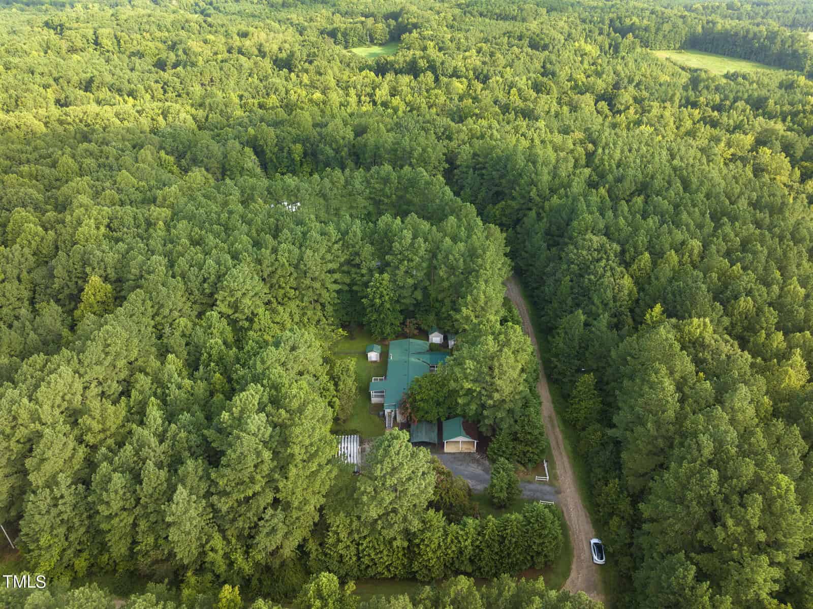 Aerial view of a house surrounded by a dense forest. The house has green roofs and is located near a dirt road. A vehicle is parked on the road nearby. The surrounding area is dominated by abundant greenery and tall trees.