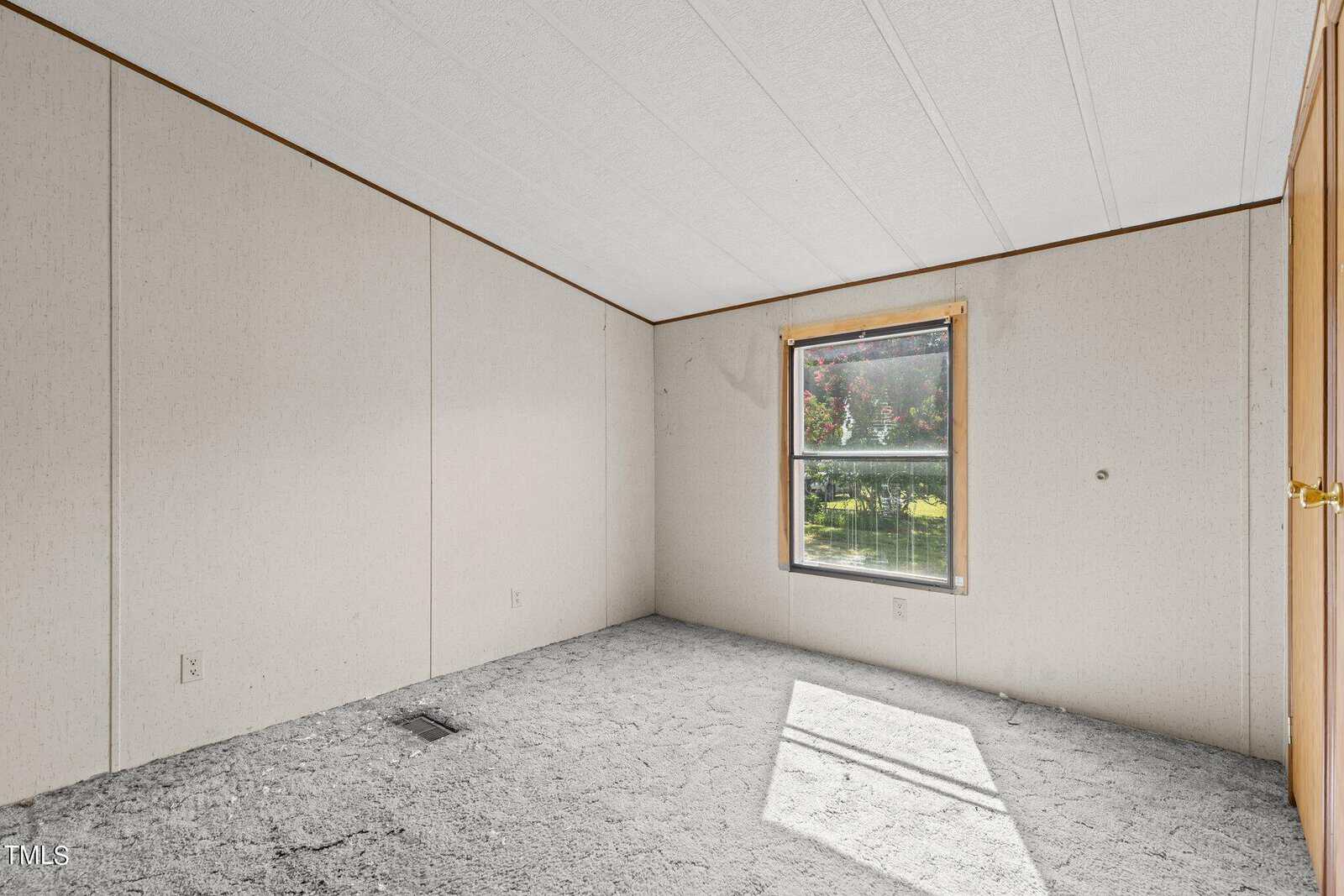 An empty room with light-colored walls and carpeted floor. A single window on one wall lets in natural light, revealing a view of greenery outside. The ceiling is white and paneled. There's a closed wooden door to the right.