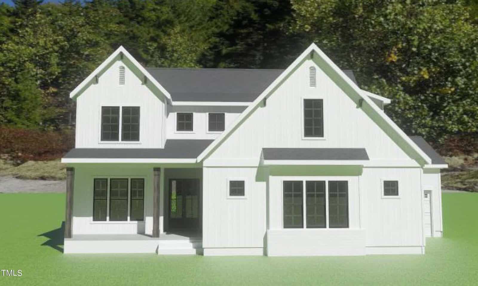 A modern white two-story house with vertical siding, gable roofs, large windows, and a covered front porch, set on a grassy lawn with trees in the background.