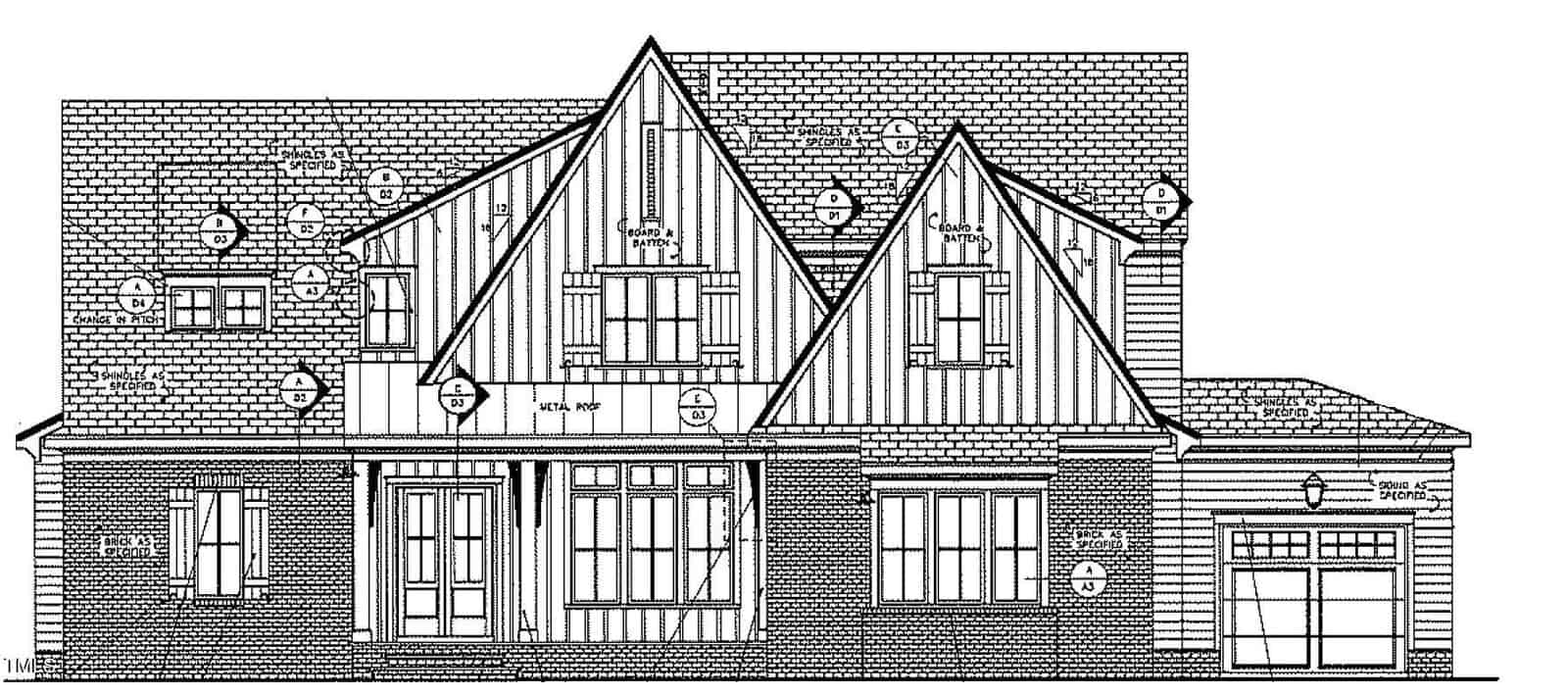 Black and white architectural drawing of a two-story house with gabled roofs, brick and vertical siding exterior, front porch with double doors, multiple windows, and an attached single-car garage on the right.