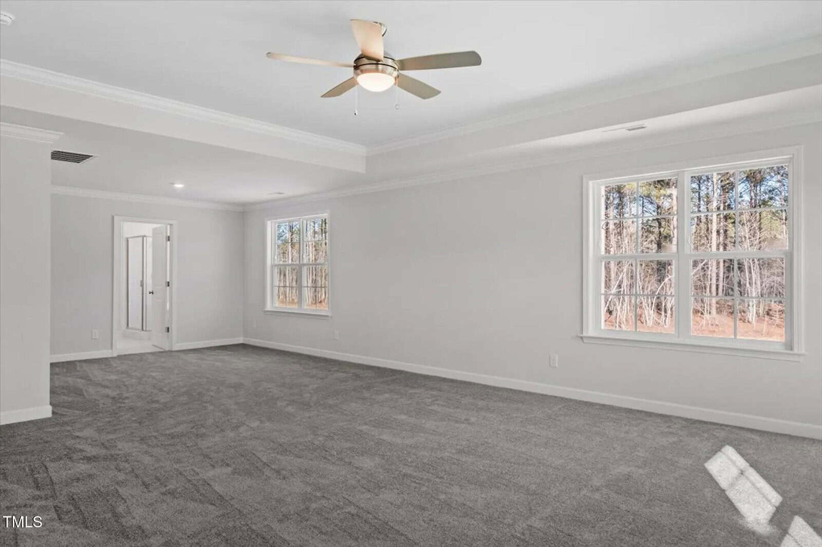 A spacious, empty room with light gray carpeting, white walls, two large windows, a ceiling fan with light, and an open doorway leading to a bathroom. Sunlight is shining through the windows onto the floor.