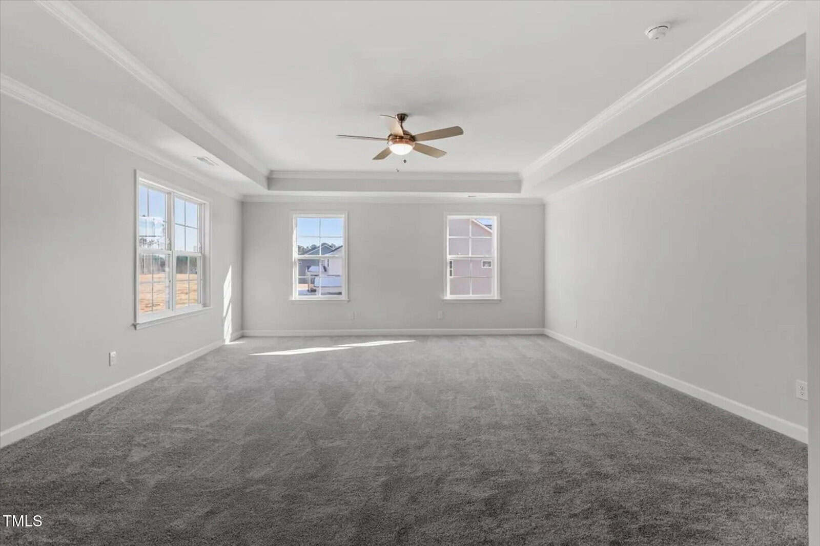 A spacious, empty room with light gray carpet, white walls, two large windows, a tray ceiling, and a ceiling fan with light, allowing natural daylight to fill the space.