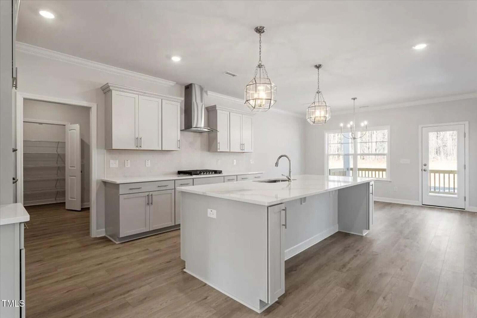 Modern kitchen with light gray cabinets, stainless steel appliances, large white island with sink, pendant lights, walk-in pantry, wood-style flooring, and windows letting in natural light.