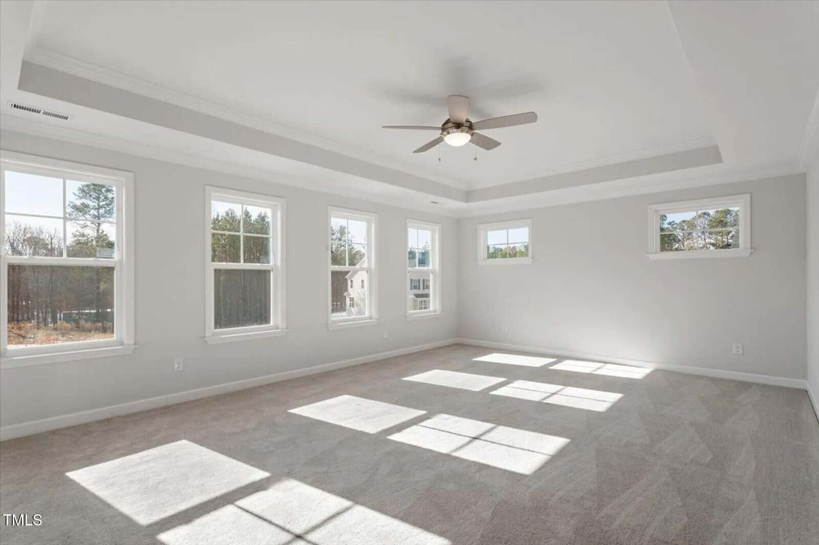 A spacious, empty room with light gray carpet, white walls, five windows, and a ceiling fan. Sunlight streams through the windows, casting rectangular patterns on the carpeted floor.