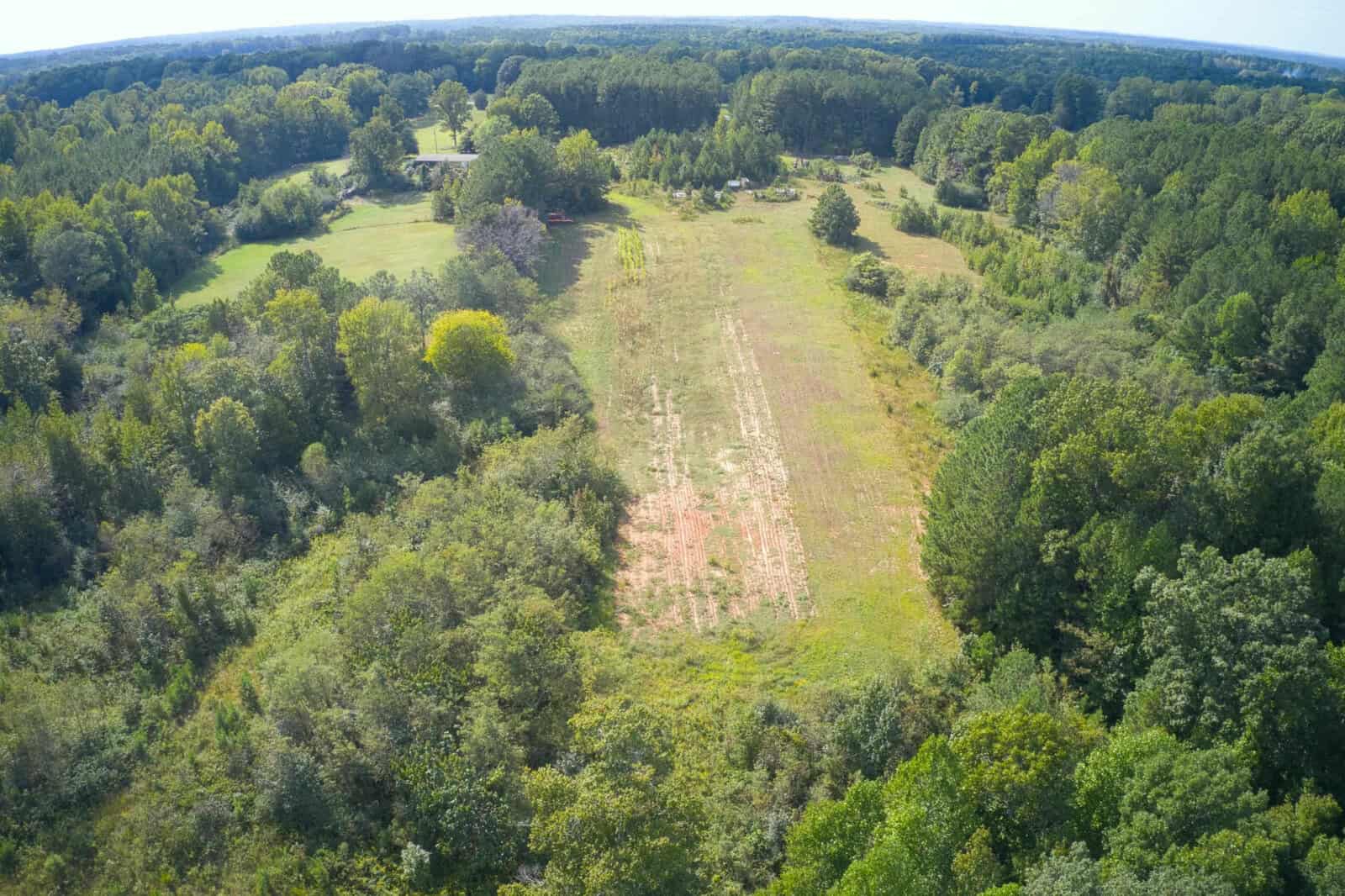 Aerial view of a large, open grassy field surrounded by dense green forest and trees on a sunny day, with a few buildings visible in the distant background.