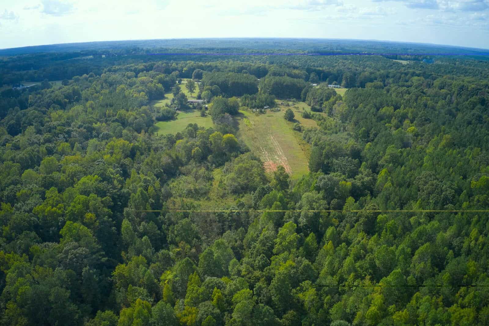 Aerial view of a large, forested area with patches of open grassy land, scattered trees, and a few buildings visible in the distance under a partly cloudy sky.