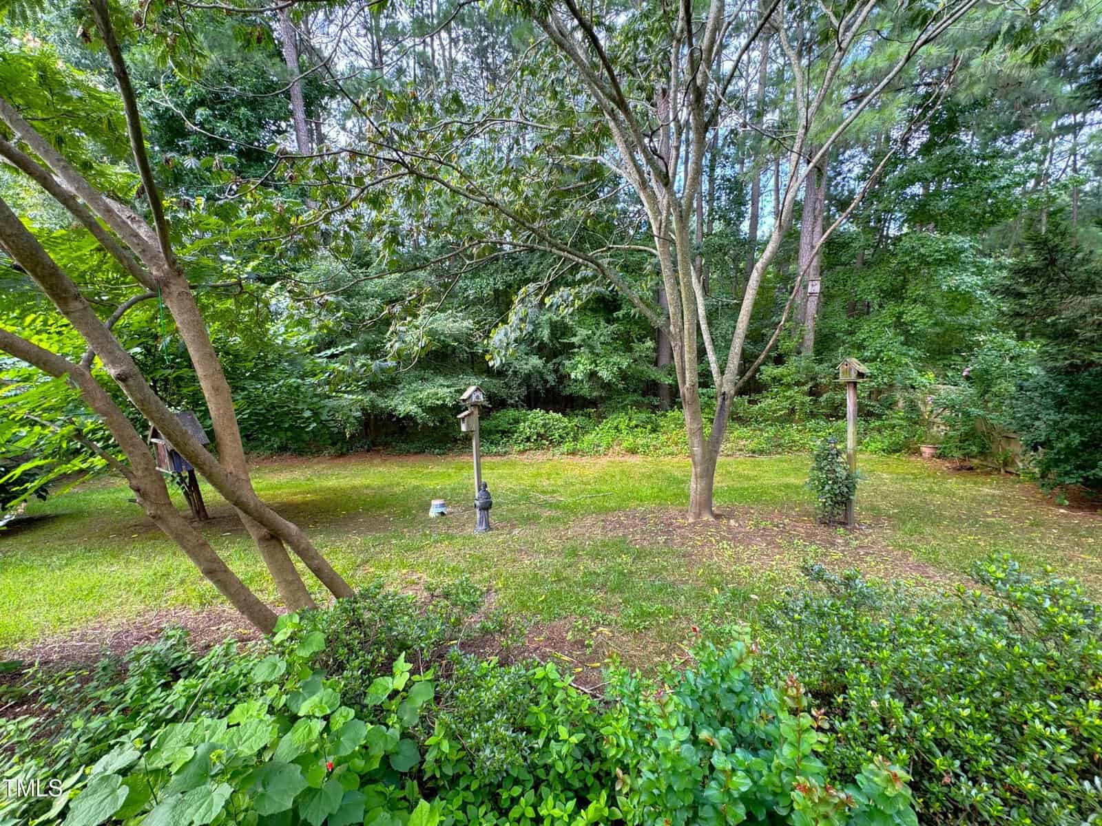 A serene backyard with tall trees and lush green grass, featuring two bird feeders mounted on wooden poles. A small fountain sits near the center, surrounded by dense foliage and a variety of shrubs.