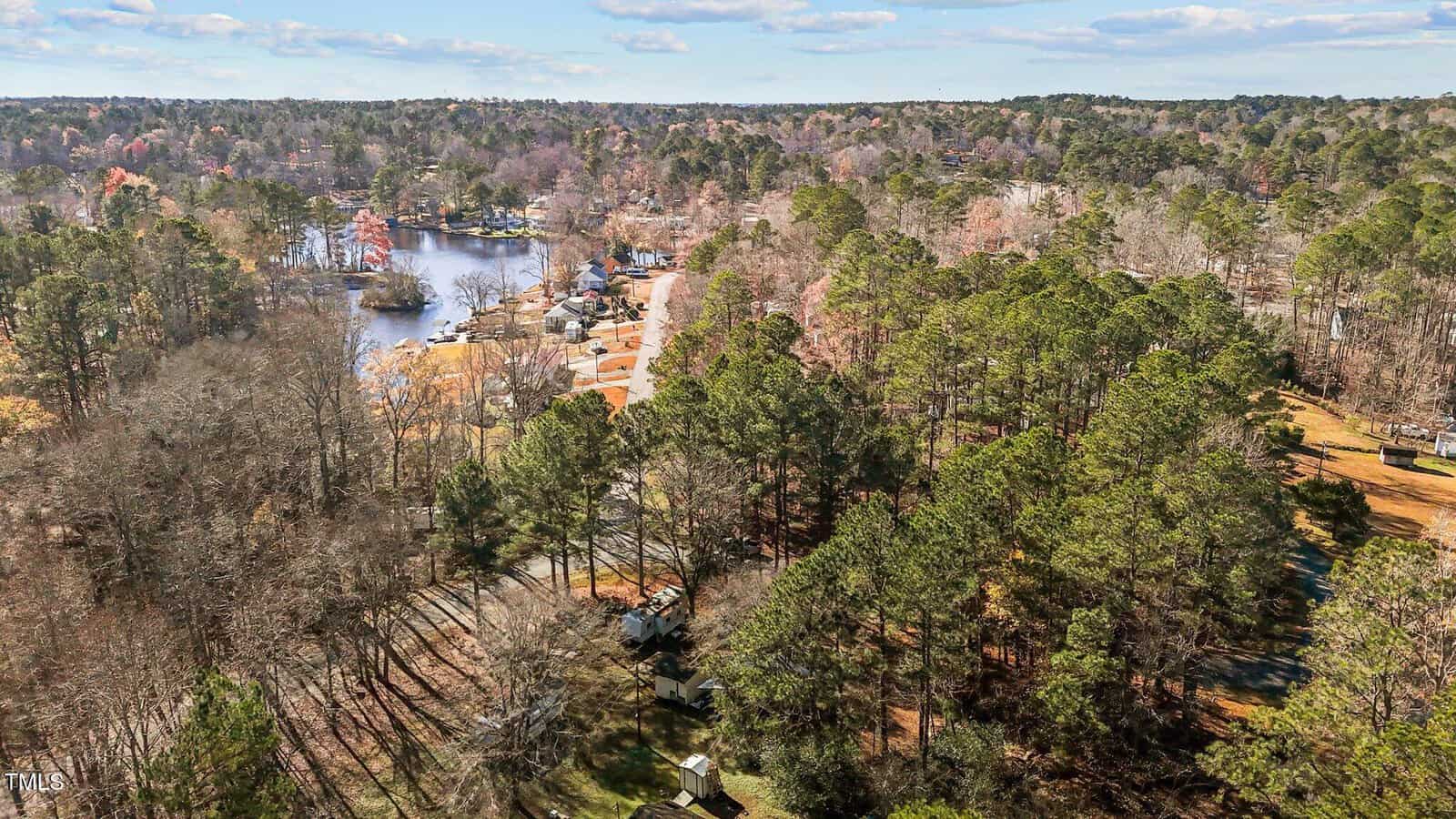 Aerial view of a forested residential area beside a lake, with scattered houses and winding roads among tall green trees under a partly cloudy sky.