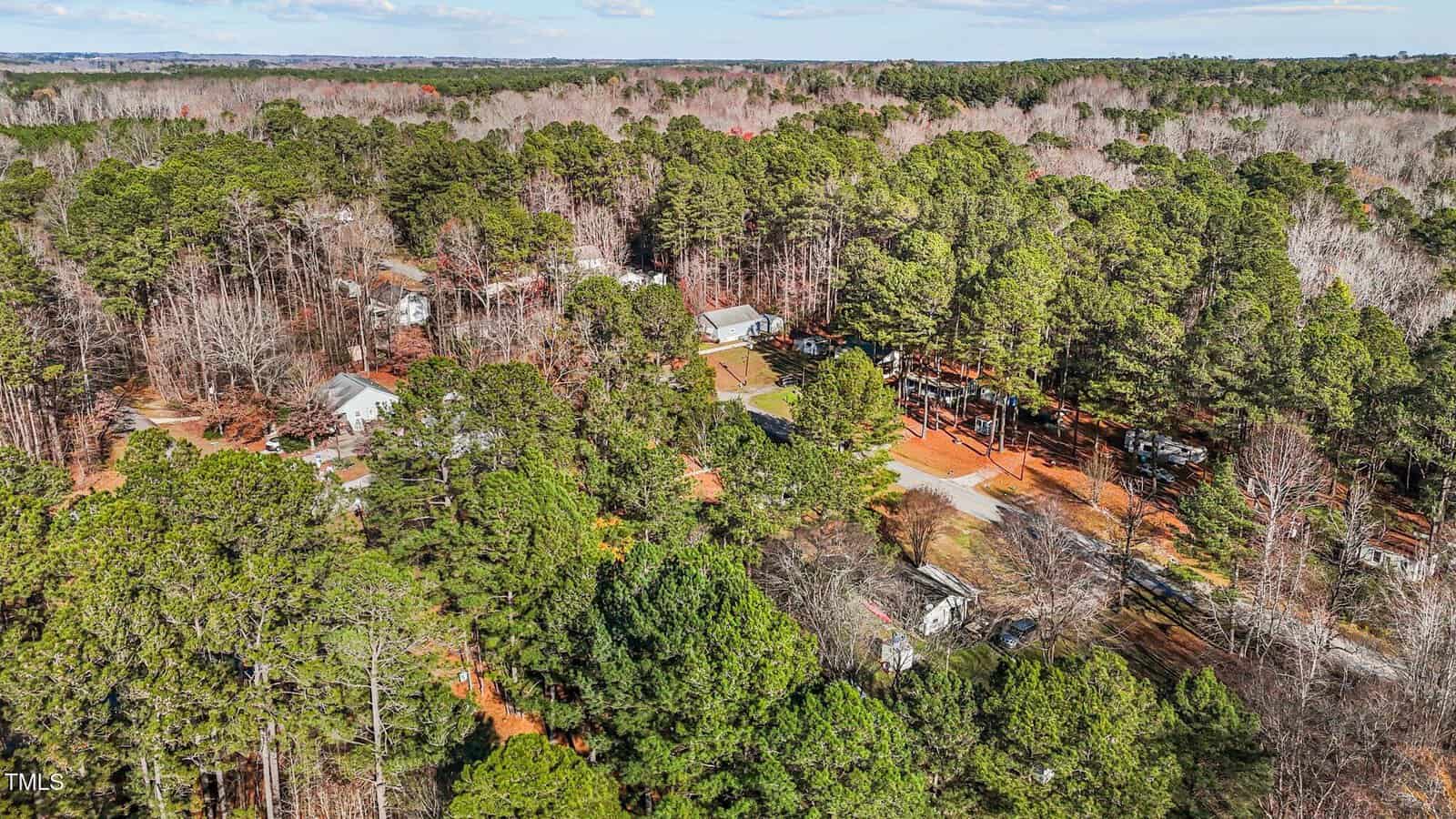 Aerial view of a wooded residential area with several houses and roads surrounded by dense green trees under a partly cloudy sky.