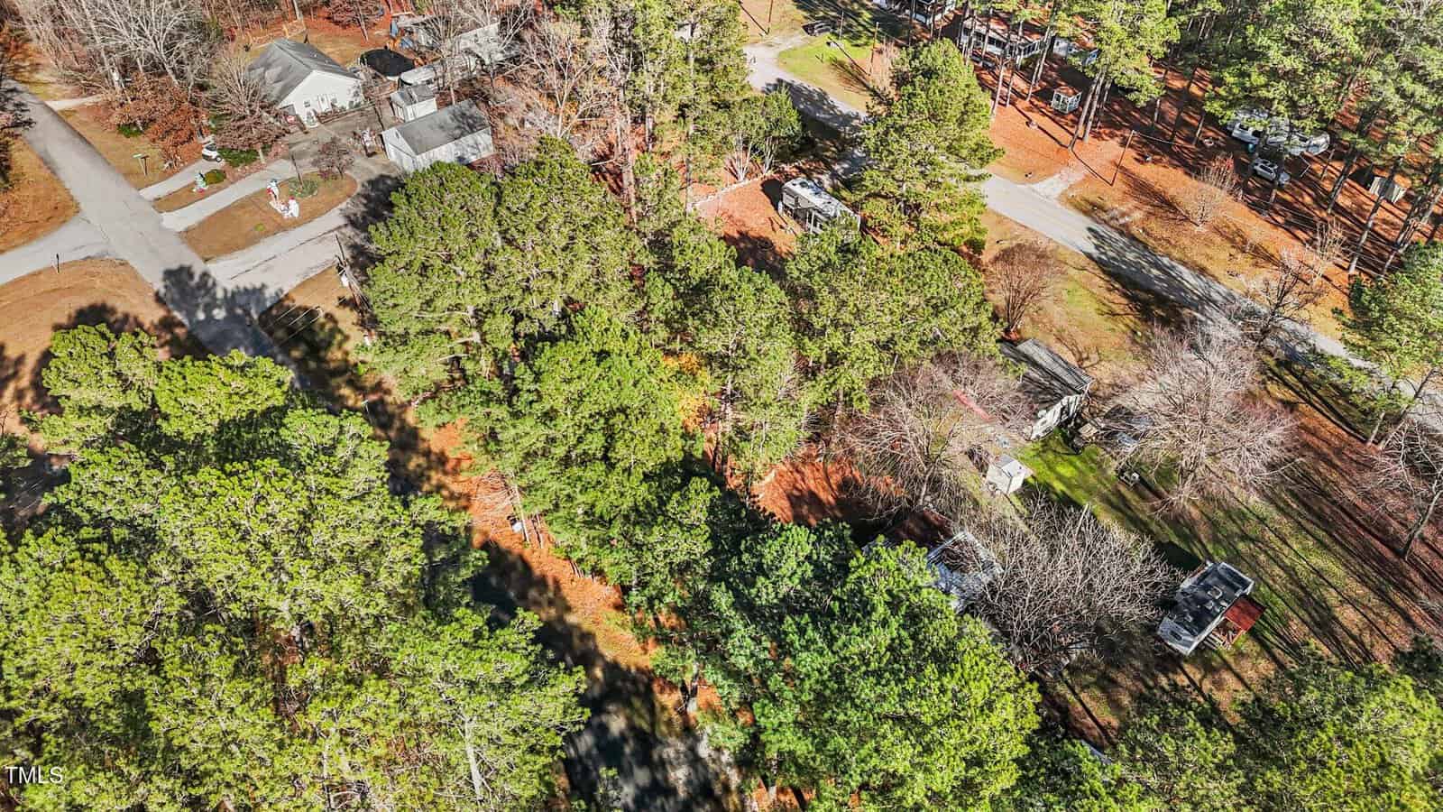 Aerial view of a residential neighborhood with houses, driveways, parked vehicles, and tall green trees surrounding the area on a sunny day.