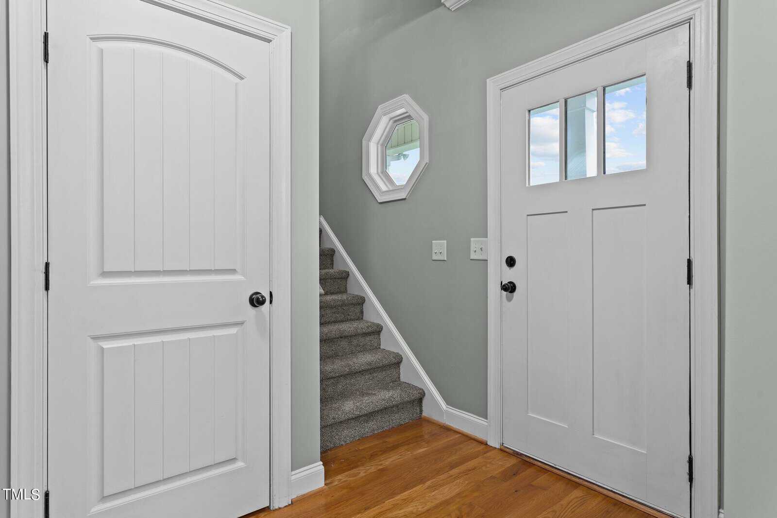 A hallway with a light green wall, white interior door on the left, a white front door with windows on the right, and a carpeted staircase leading upward. A small wall mirror with a hexagonal frame is mounted above a light switch.