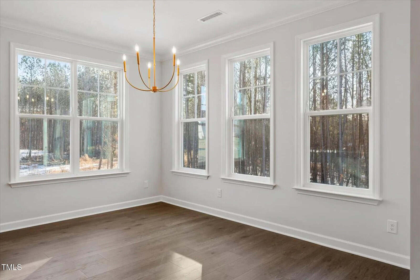 Bright, empty room with light gray walls, large windows overlooking a wooded area, wood flooring, and a modern gold chandelier hanging from the ceiling. Natural light fills the space.