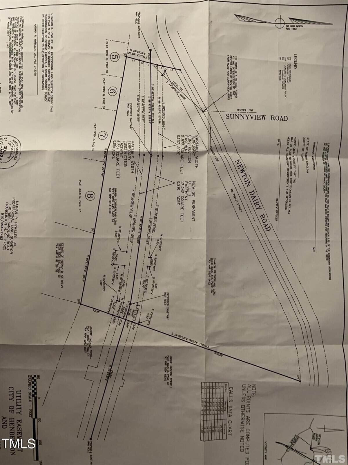 A detailed survey map showing property lines, points of interest, and measurements. Roads such as Sunnyview Road and Newton Lane Road are labeled. The map contains various technical notes and symbols used in surveying.