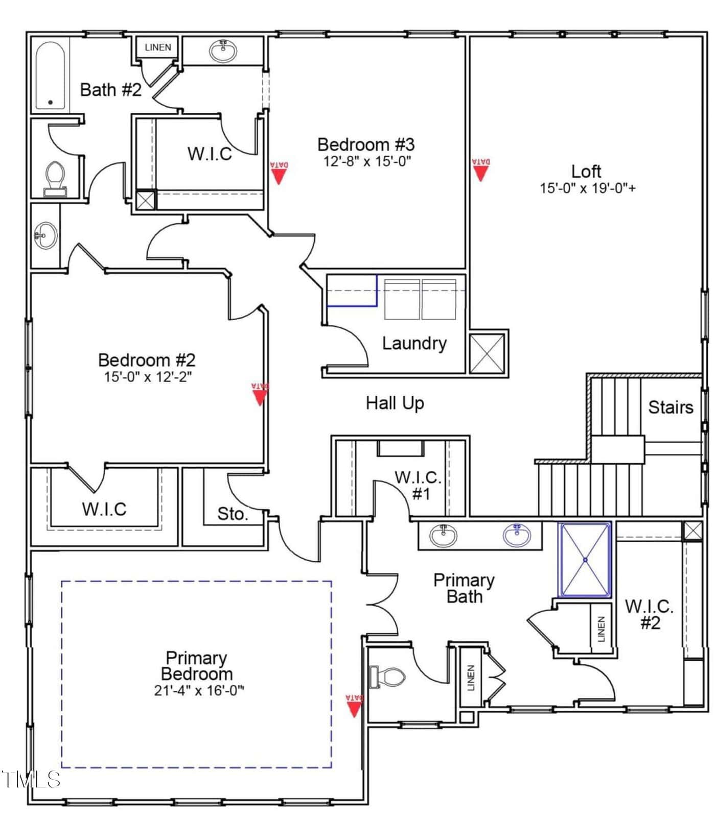 Floor plan of a house upper level with three bedrooms, loft, primary bath, laundry room, multiple walk-in closets, two linen closets, and stairs, showing room dimensions and door locations.