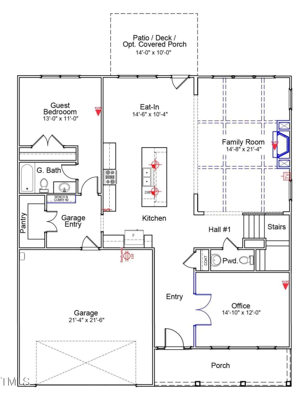 Floor plan showing a single-story home layout with a garage, guest bedroom, bathroom, kitchen, eat-in area, family room, office, powder room, stairs, entry, porch, and patio/deck at the back.
