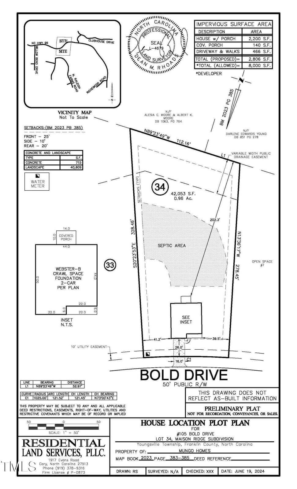 Black and white plot plan for Lot 34 on Bold Drive, showing property boundaries, house location, septic area, utility easements, and a vicinity map. Includes measurements, notes, and company information.