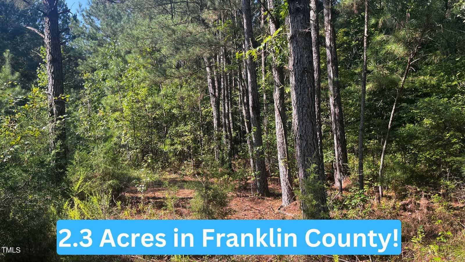 A wooded area in Franklin County with a variety of trees and underbrush. The text "2.3 Acres in Franklin County!" is displayed in bold within a bright blue box at the bottom of the image, indicating it's Lot 3 Sims Bridge Road near Kittrell.