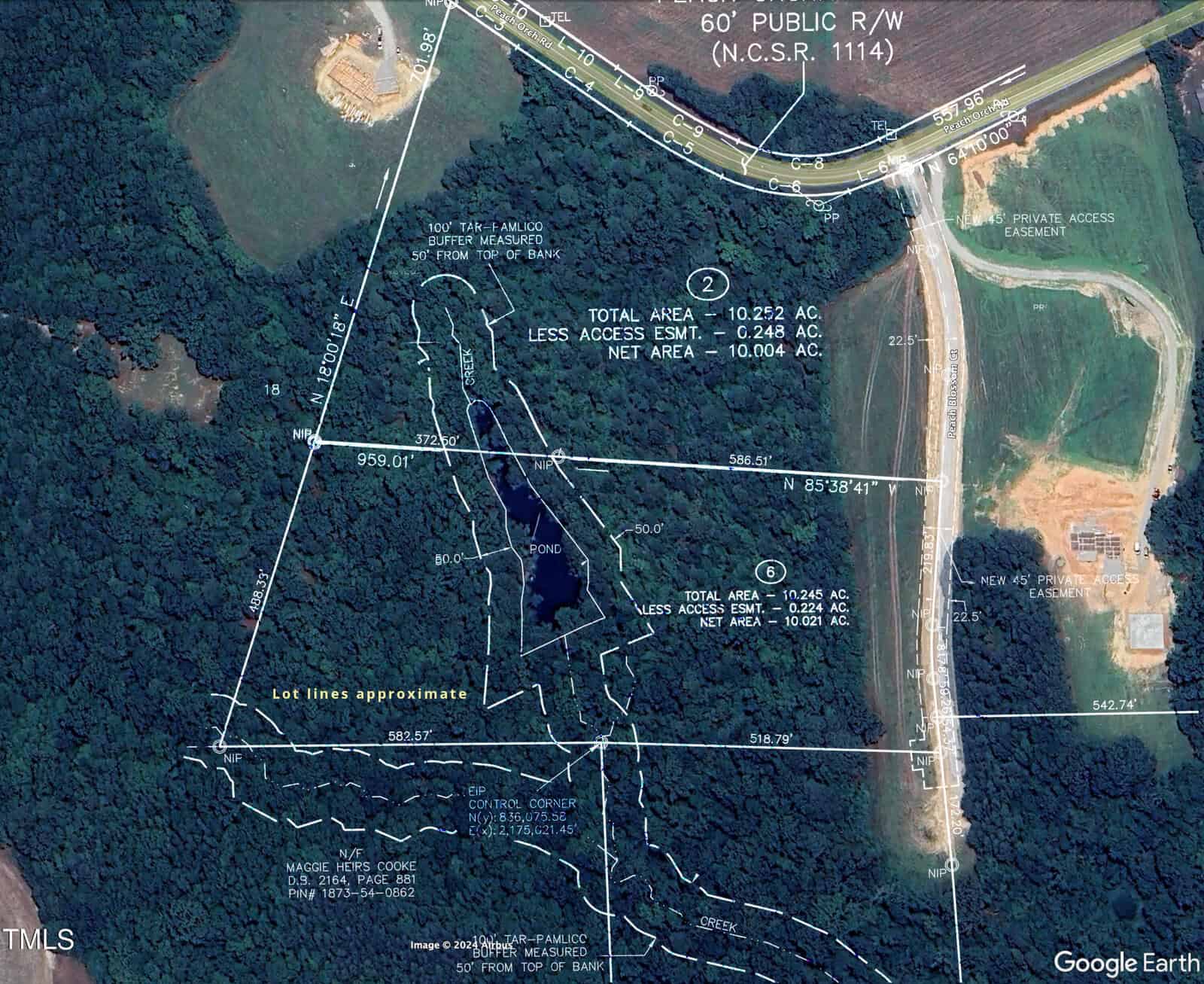 A satellite map view showing wooded land, outlined property lines, a small pond, nearby roads, and labels indicating acreage measurements and lot boundaries. The text "Google Earth" appears in the lower right corner.