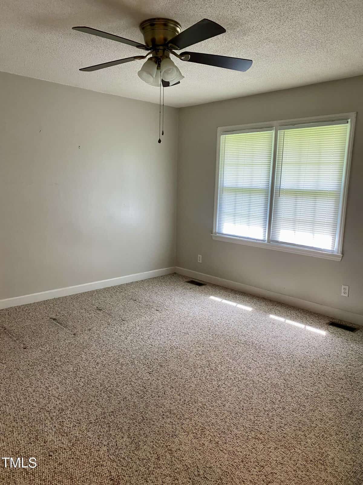 An empty room with beige carpeting, light grey walls, a ceiling fan, and a large window with blinds. Sunlight filters through the window, casting light on the carpet.