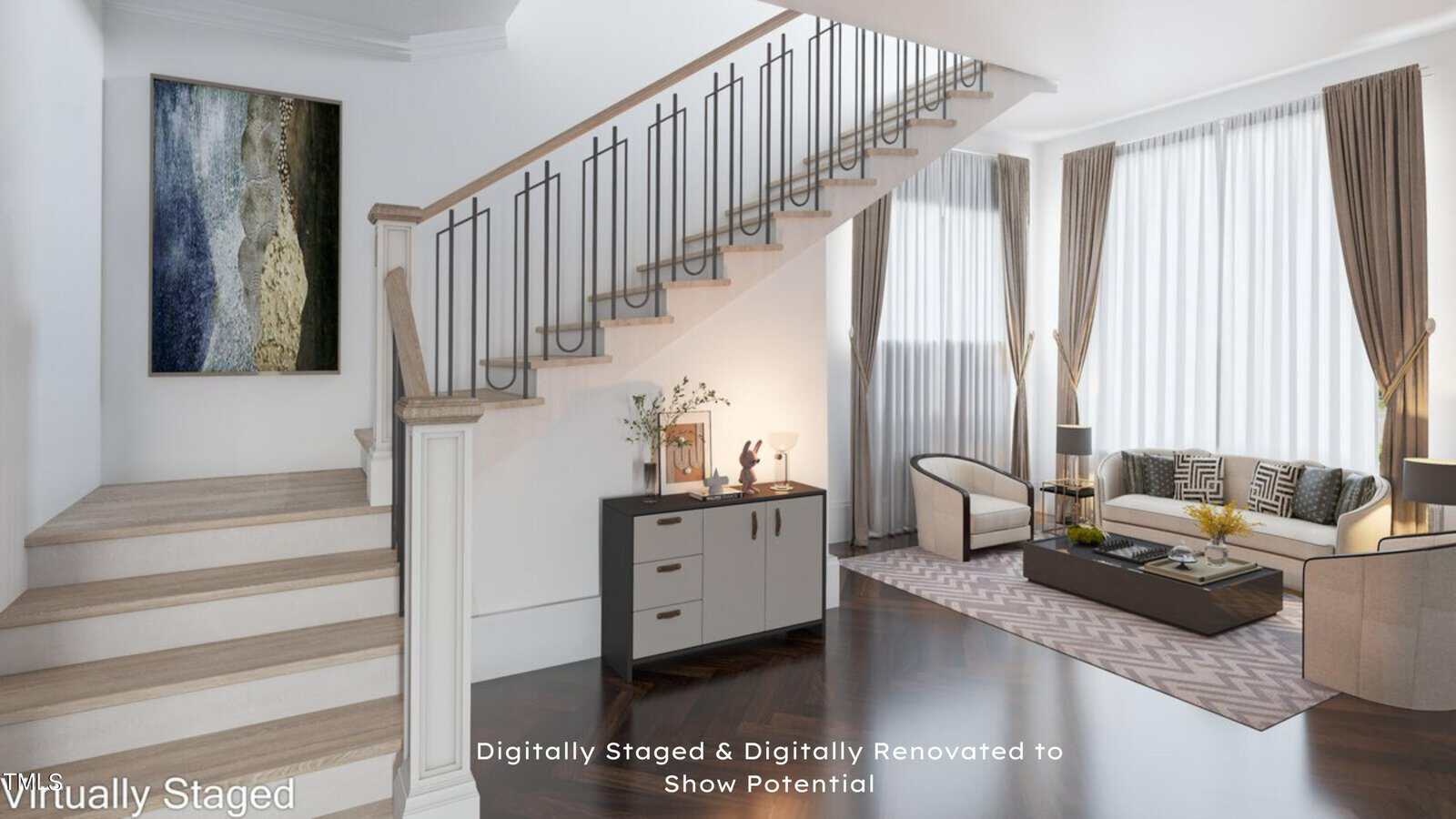 A digitally staged room with a staircase on the left, featuring light-colored wooden steps and a dark metal railing. The living area has a sofa, armchair, coffee table, and patterned rug. A large window with sheer curtains allows natural light. Text reads: "Digitally Staged & Digitally Renovated to Show Potential.