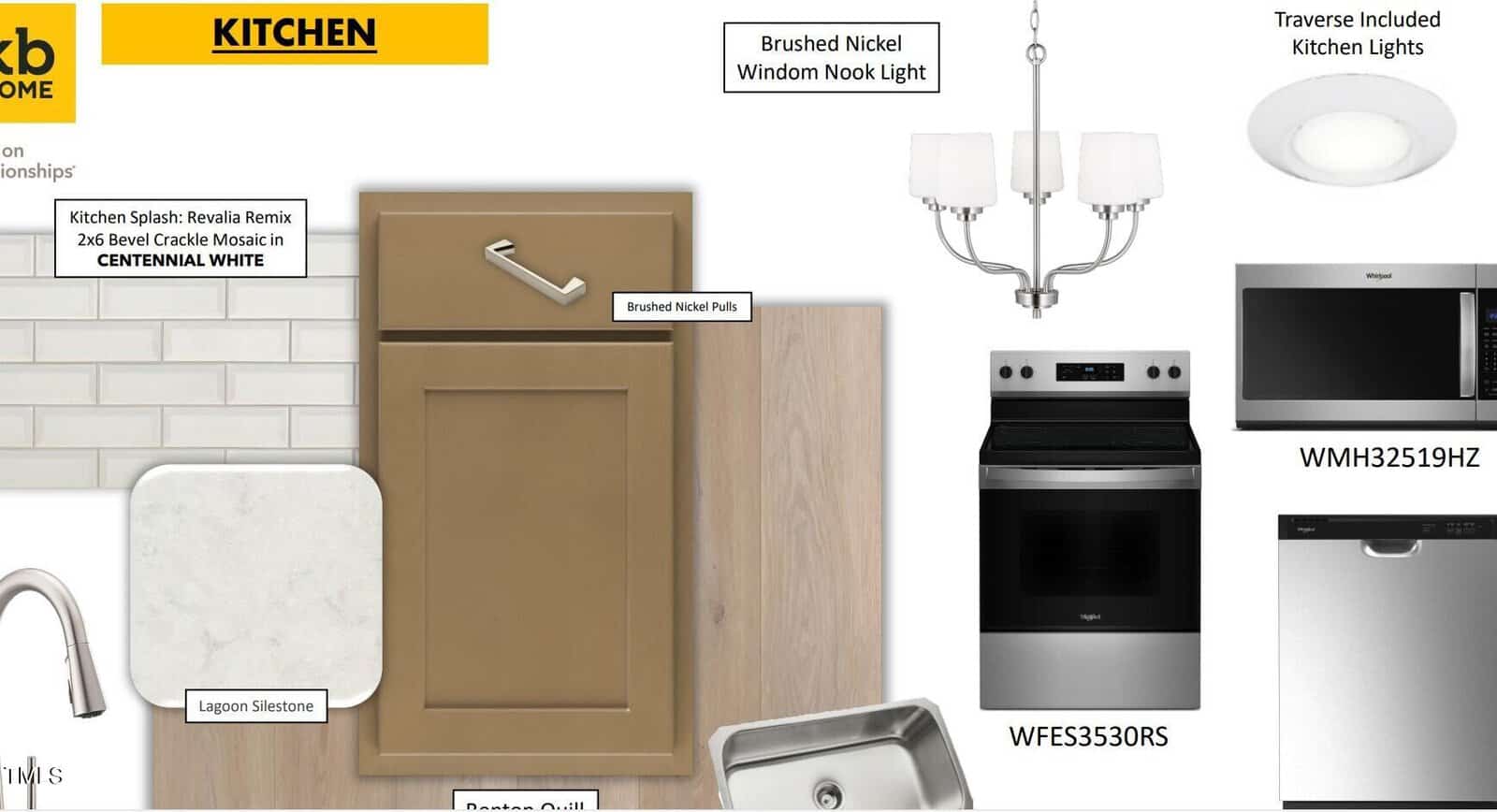 A kitchen design board displays a brown cabinet door with a brushed nickel pull, a brushed nickel light fixture, a backsplash sample, countertop sample, sink, range, microwave, dishwasher, and faucet.