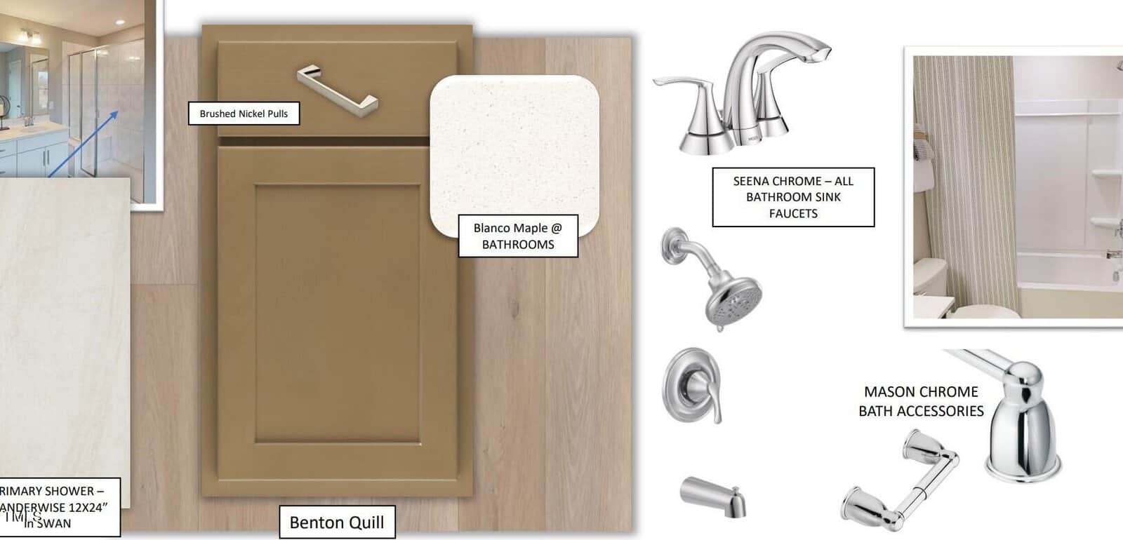 A collage showing a brown cabinet door with a brushed nickel pull, a white countertop, chrome bathroom sink and bath fixtures, chrome bath accessories, and a shower with white walls and glass doors. Labels identify each item.