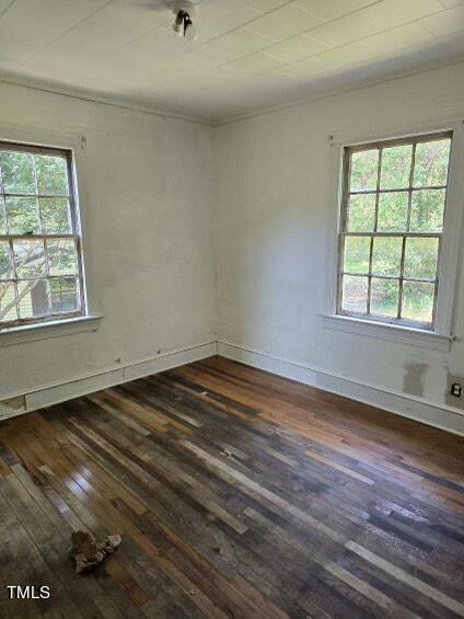 An empty room with two windows allowing natural light to enter. The walls are painted white but show signs of wear and need repainting. The hardwood floor is worn and has some debris. There is a light fixture on the ceiling. Trees are visible outside the windows.