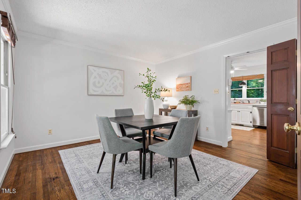 A dining room features a dark wooden table with four gray upholstered chairs on a patterned area rug. A potted plant sits on the table. A large abstract art piece hangs on the white wall. A doorway opens to a kitchen illuminated by natural light from a window.
