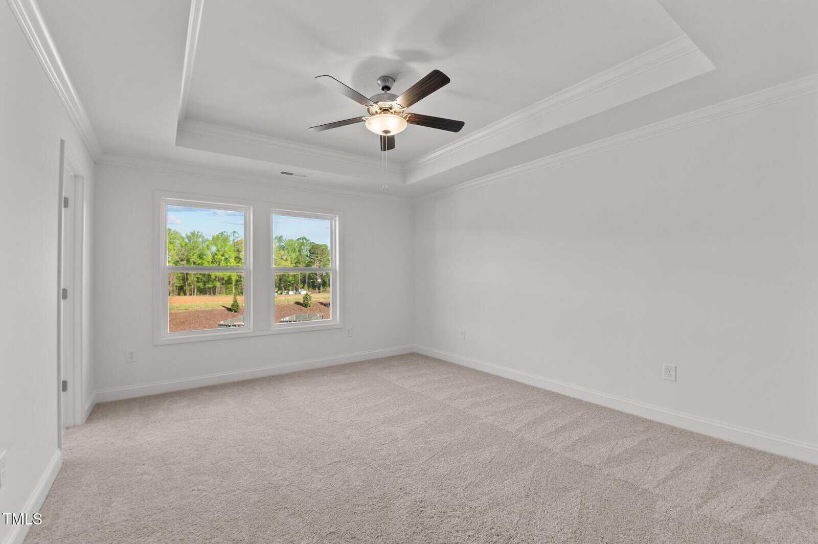 Empty, bright bedroom with light carpet, white walls, tray ceiling, ceiling fan, and two large windows showing a view of trees and blue sky. Door is visible on the left side.