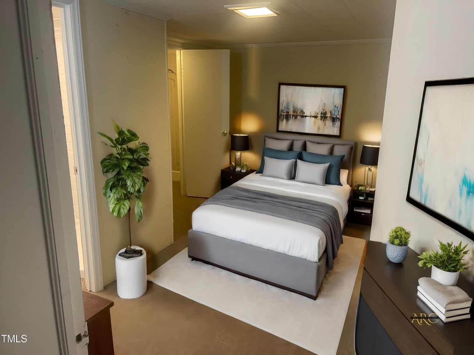 A cozy bedroom with a large bed dressed in white and gray bedding, two nightstands with lamps, and abstract paintings on the walls. A tall potted plant is placed at the foot of the bed near the doorway, and a small desk with a plant is positioned to the right.