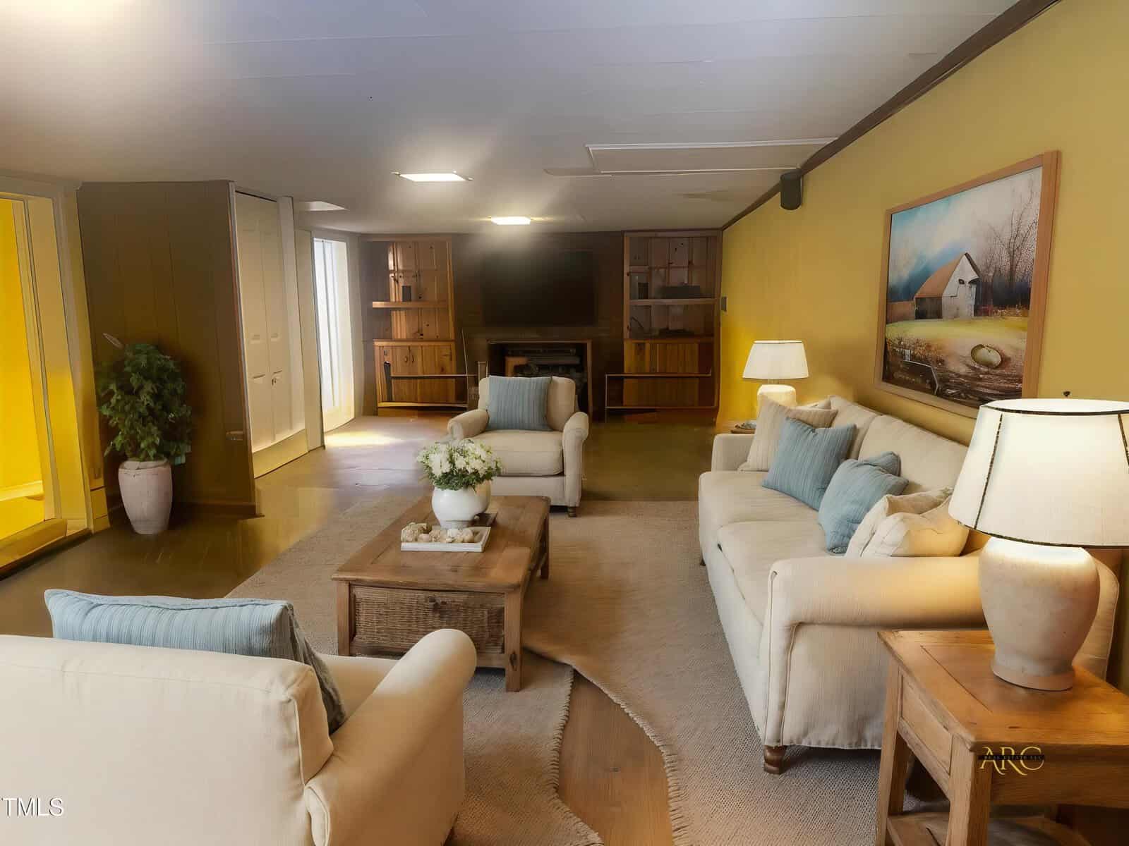 A cozy living room with cream-colored sofas and a matching armchair surrounding a wooden coffee table decorated with a vase of white flowers. The room features a large painting of a barn on the wall, two table lamps, and a flat-screen TV on a wooden cabinet.