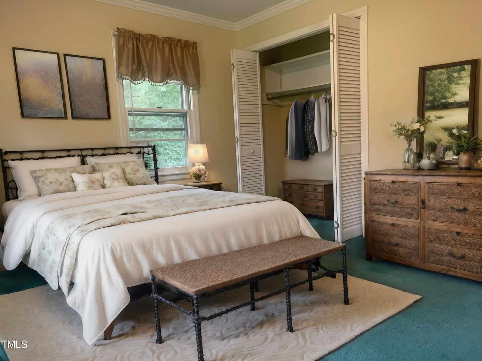 A cozy bedroom with a bed featuring floral-patterned pillows and a bench at the foot. A dresser with flowers and art decorates the room. An open closet shows a few neatly hung clothes. Soft lighting enters through a window with a frilly curtain.