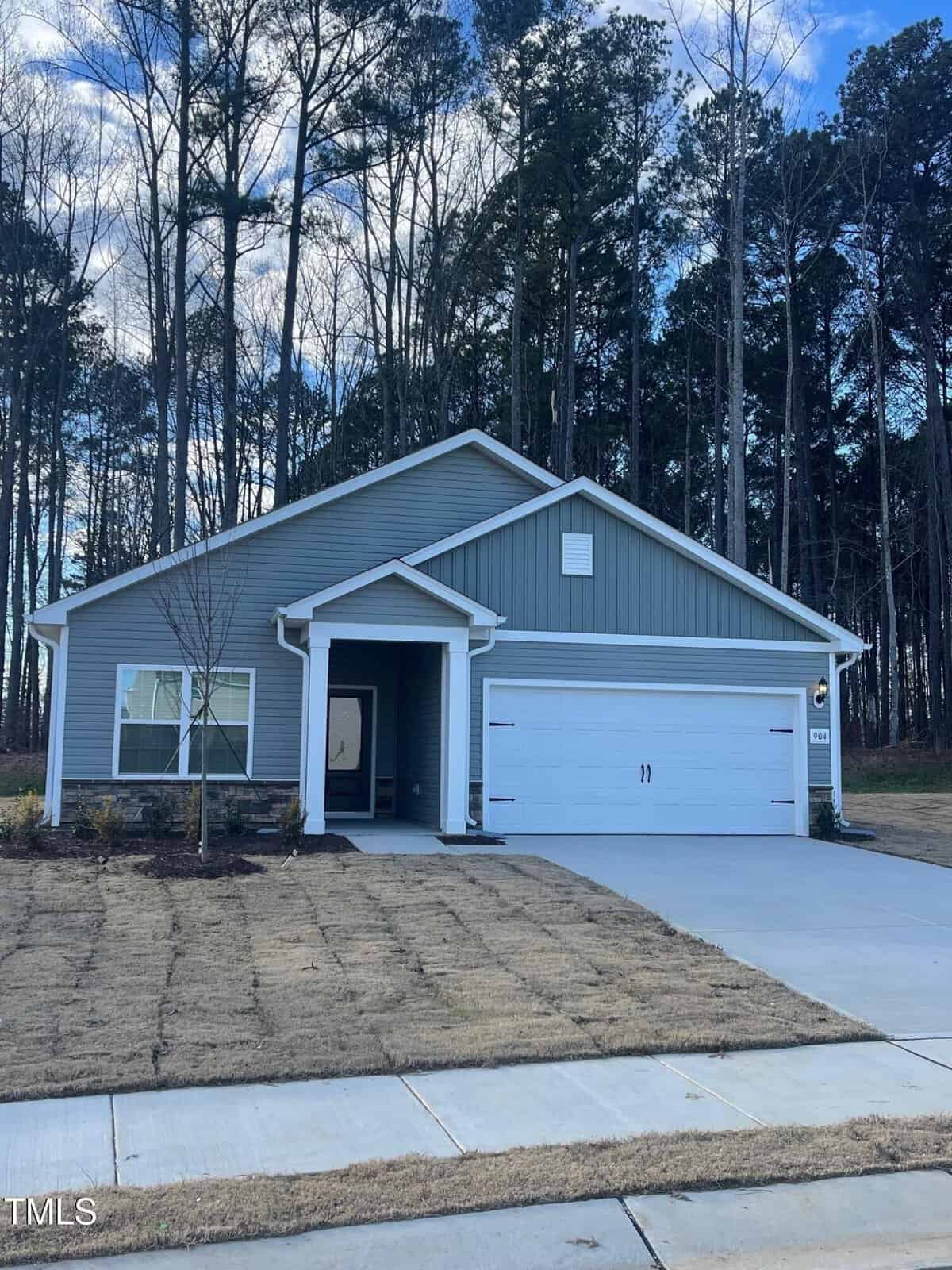 The single-story gray house on 904 Rhino Bend features white trim and a two-car garage. Its front yard is landscaped with grass and a young tree, with the driveway leading to an Oxford-style sidewalk. Tall trees stand in the background under a partly cloudy sky.