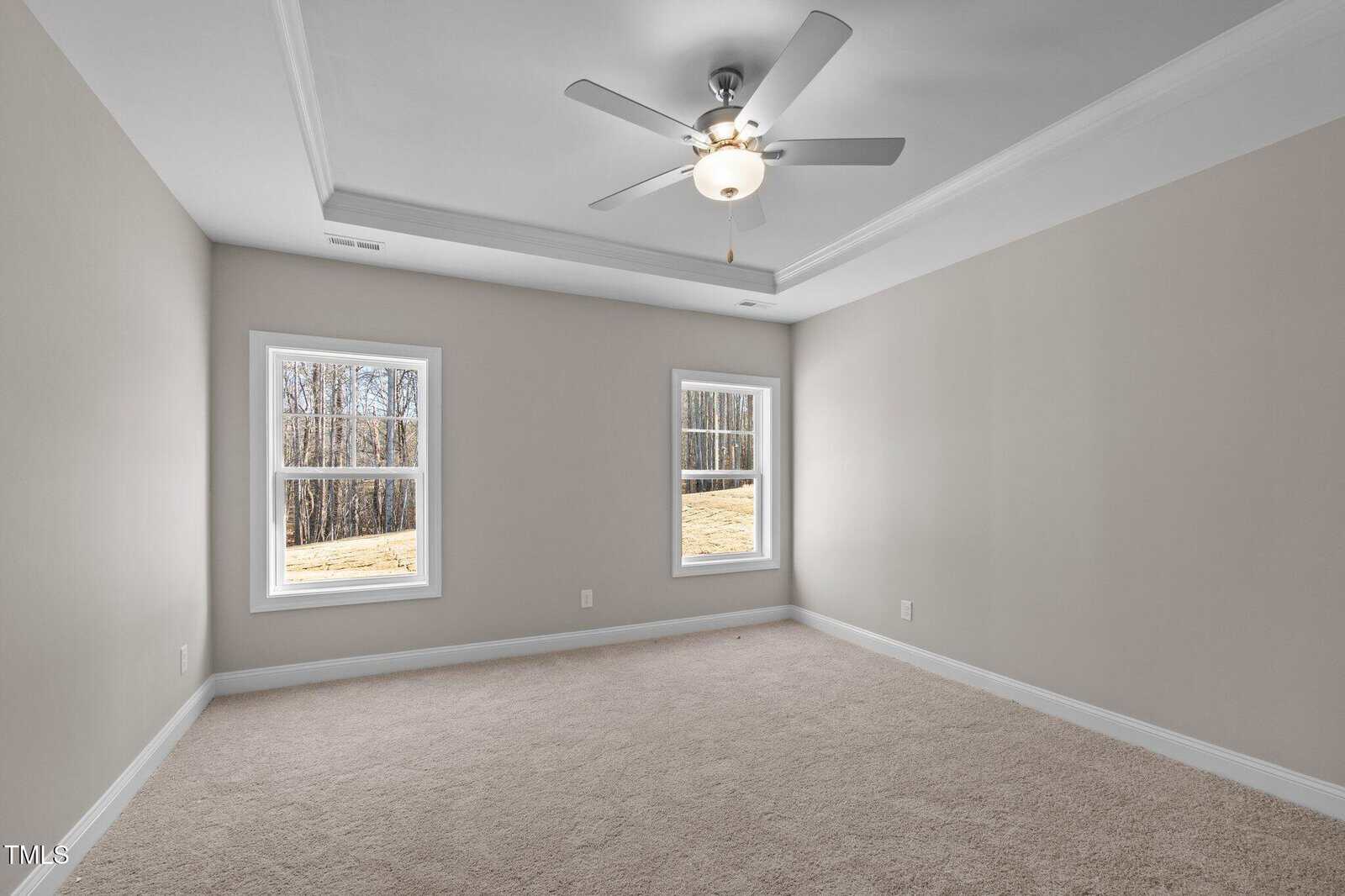 A carpeted, unfurnished room with beige walls, two windows letting in natural light, and a ceiling fan with a light fixture. The room has a tray ceiling and white baseboards.