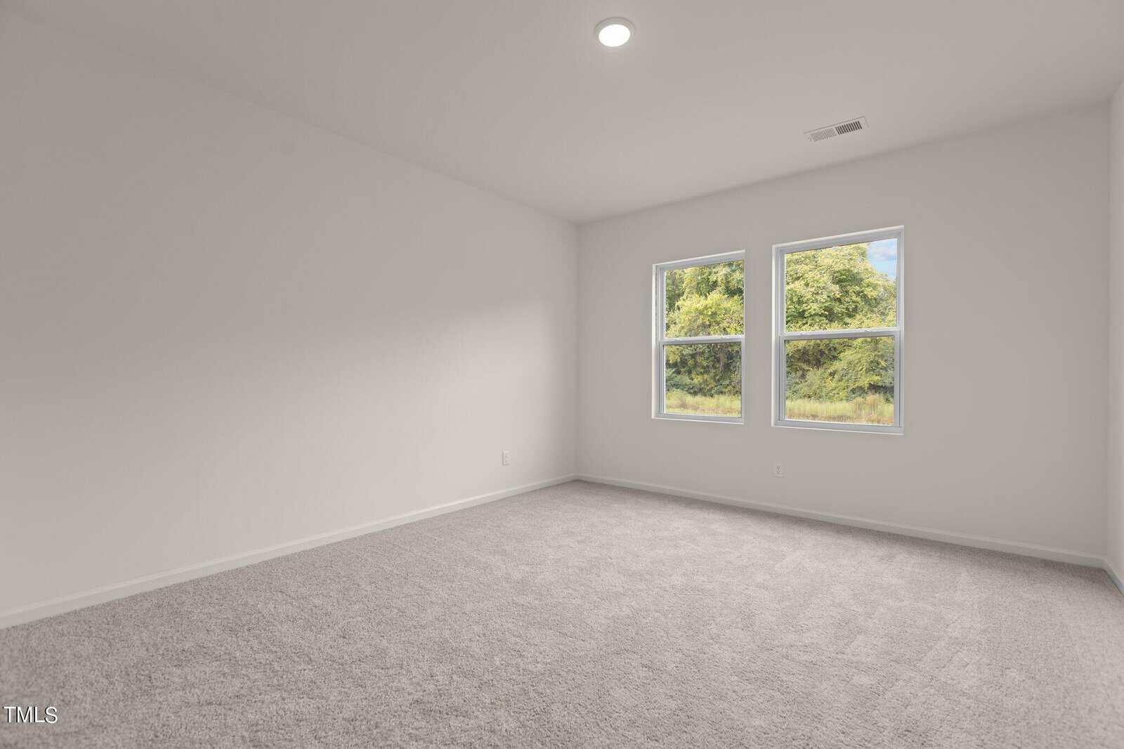 Empty room with light gray carpet, white walls, a ceiling light, and two large windows showing greenery outside.
