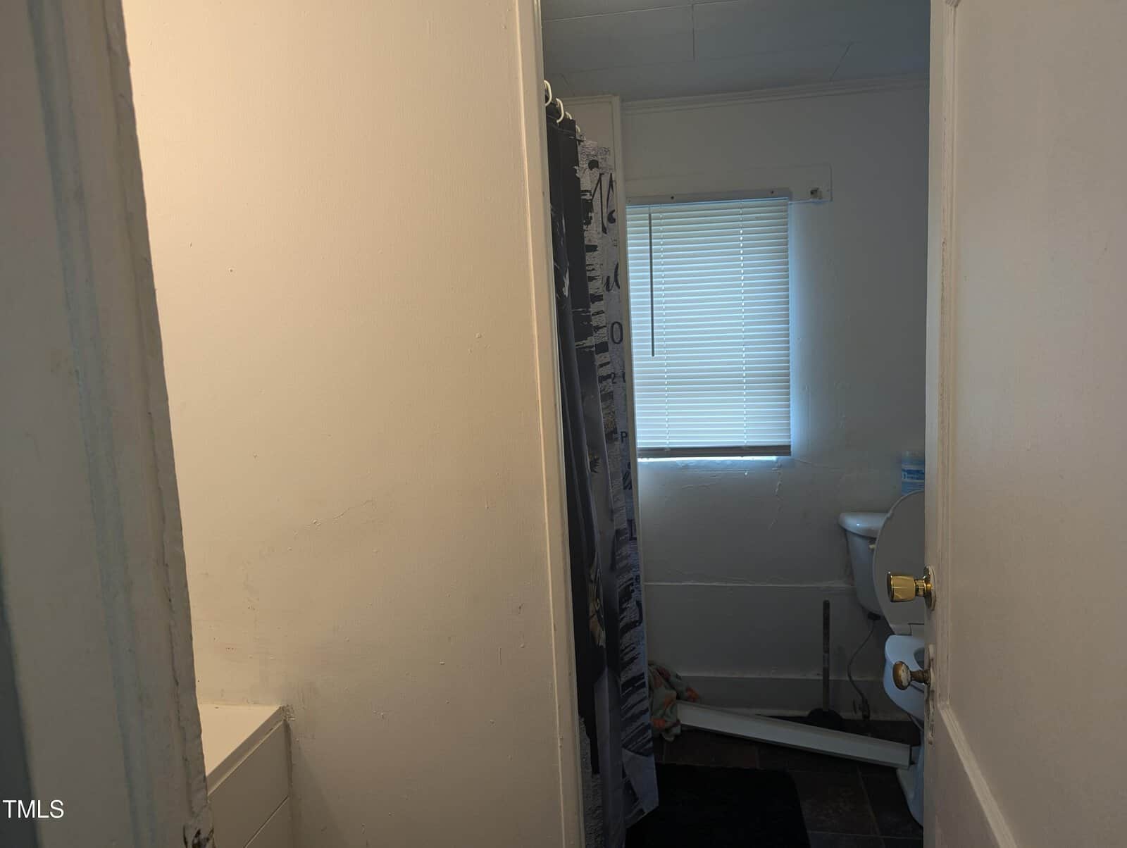 A narrow bathroom with white walls, a shower curtain partially visible on the left, a single window with closed blinds in the center background, and a toilet with its lid open to the right. The floor is dark, and light is coming from the window.