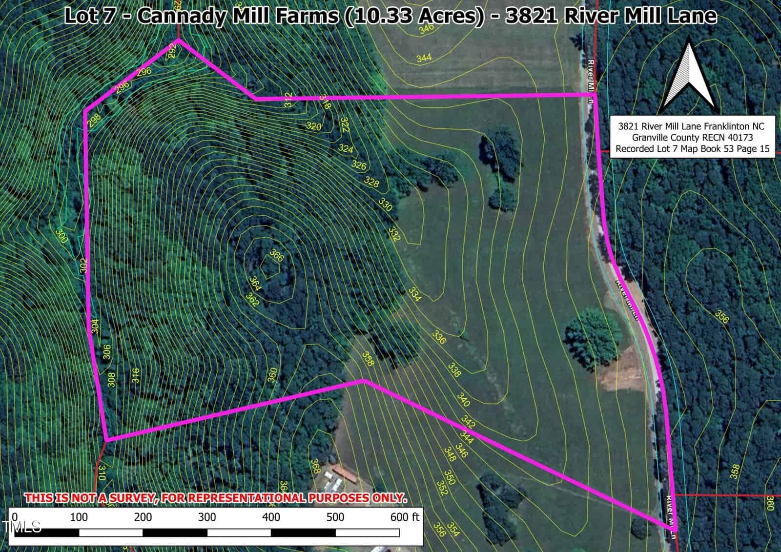 Aerial view of a 10.33-acre lot at Cannady Mill Farms, 3821 River Mill Lane. Contour lines and elevation details are marked in yellow. The boundary is outlined in pink. A road appears on the right side of the image.